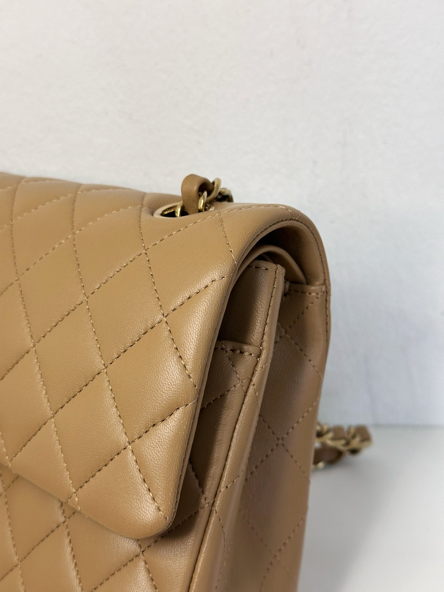Chanel 22B Lambskin Classic Quilted Double Flap Medium LGHW Dark beige HH9G microchip