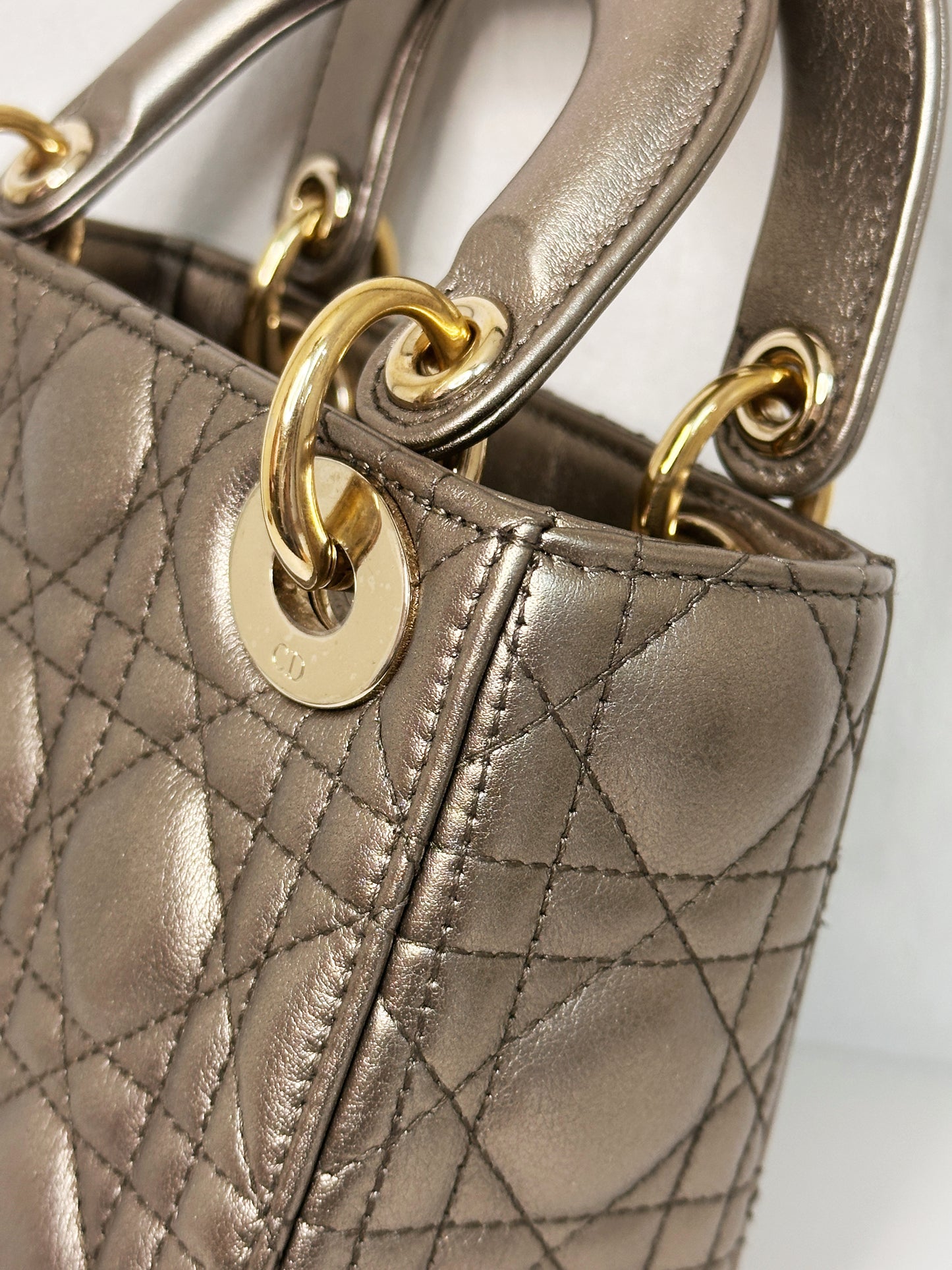CHRISTIAN DIOR LADY MINI CALFSKIN CANNAGE BRONZE METALLIC GOLDEN HARDWARE CHAIN STRAP