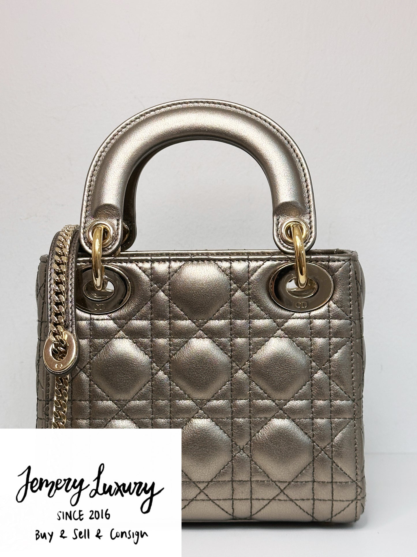 CHRISTIAN DIOR LADY MINI CALFSKIN CANNAGE BRONZE METALLIC GOLDEN HARDWARE CHAIN STRAP