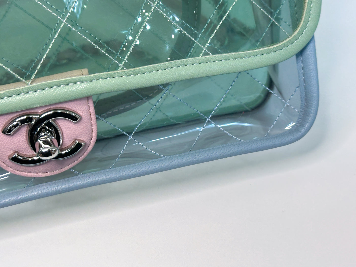 Chanel Coco Splash PVC Medium Flap Bag Green/Blue/Pink 2549 holo card
