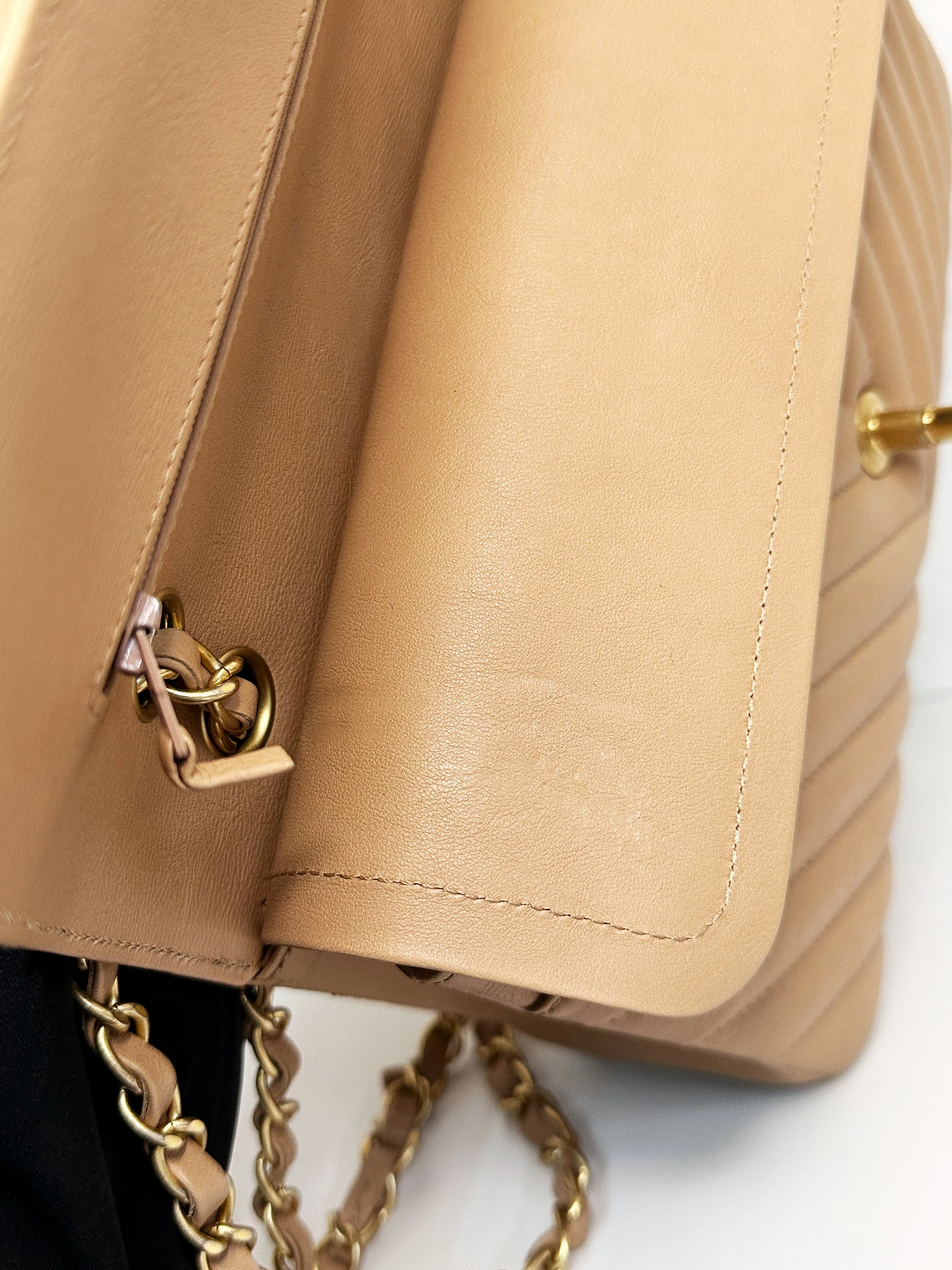 Chanel Calfskin Chevron Quilted Medium Double Flap Beige 2383 holo card