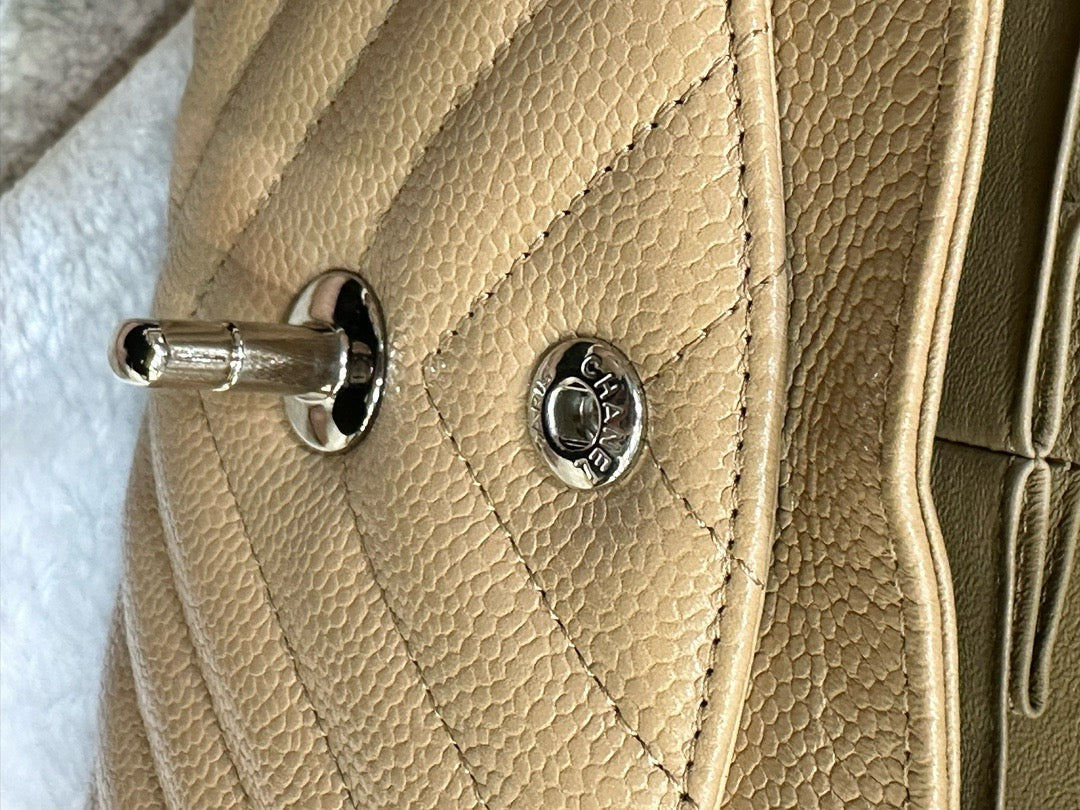 Chanel Small Classic Chevron Calfskin Double Flap Dark Beige SHW 19S 27 Holo card