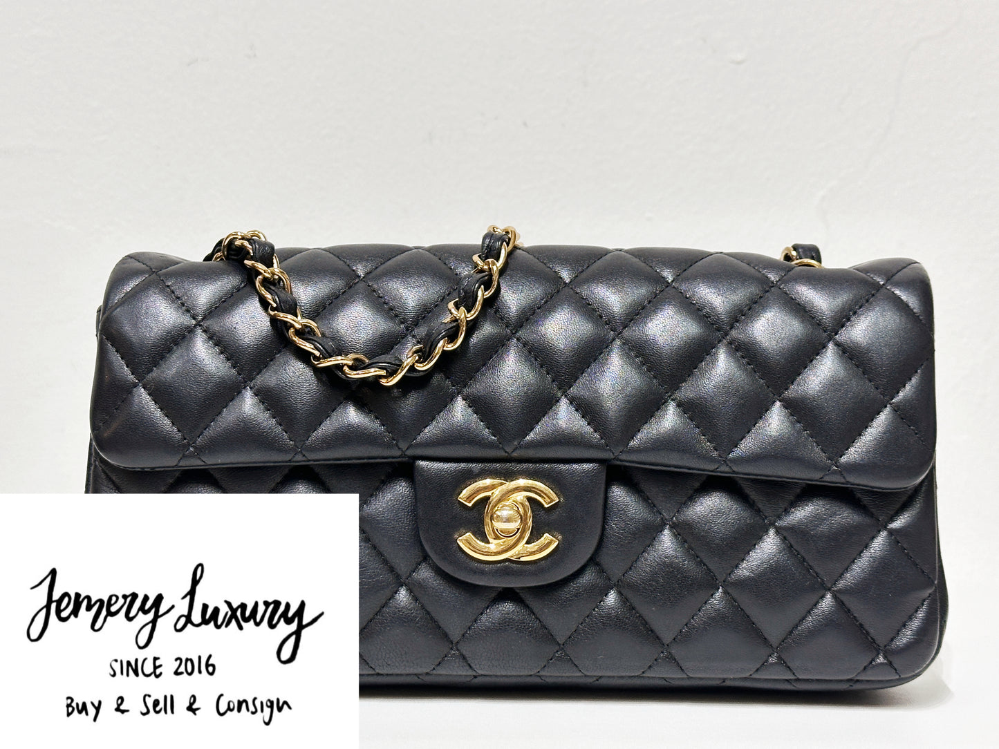 Chanel Lambskin East West Flap Bag Black GHW 1411 holo card