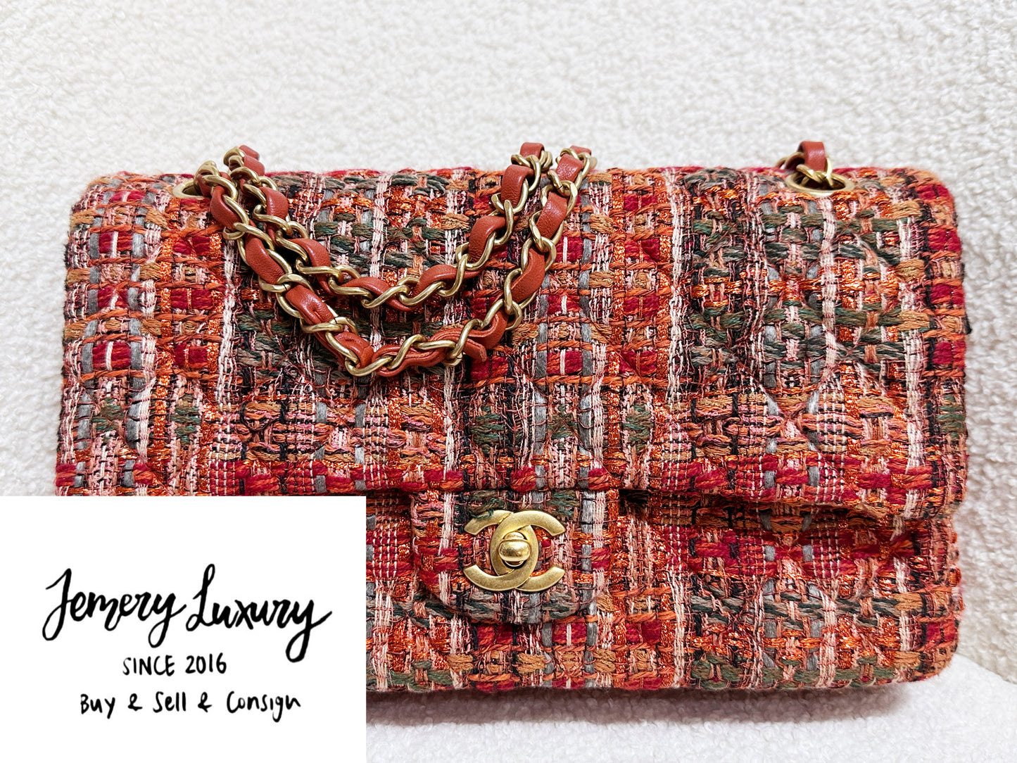 Chanel Tweed Quilted Medium Double Flap Bag Orange Multicolor K9J2 microchip