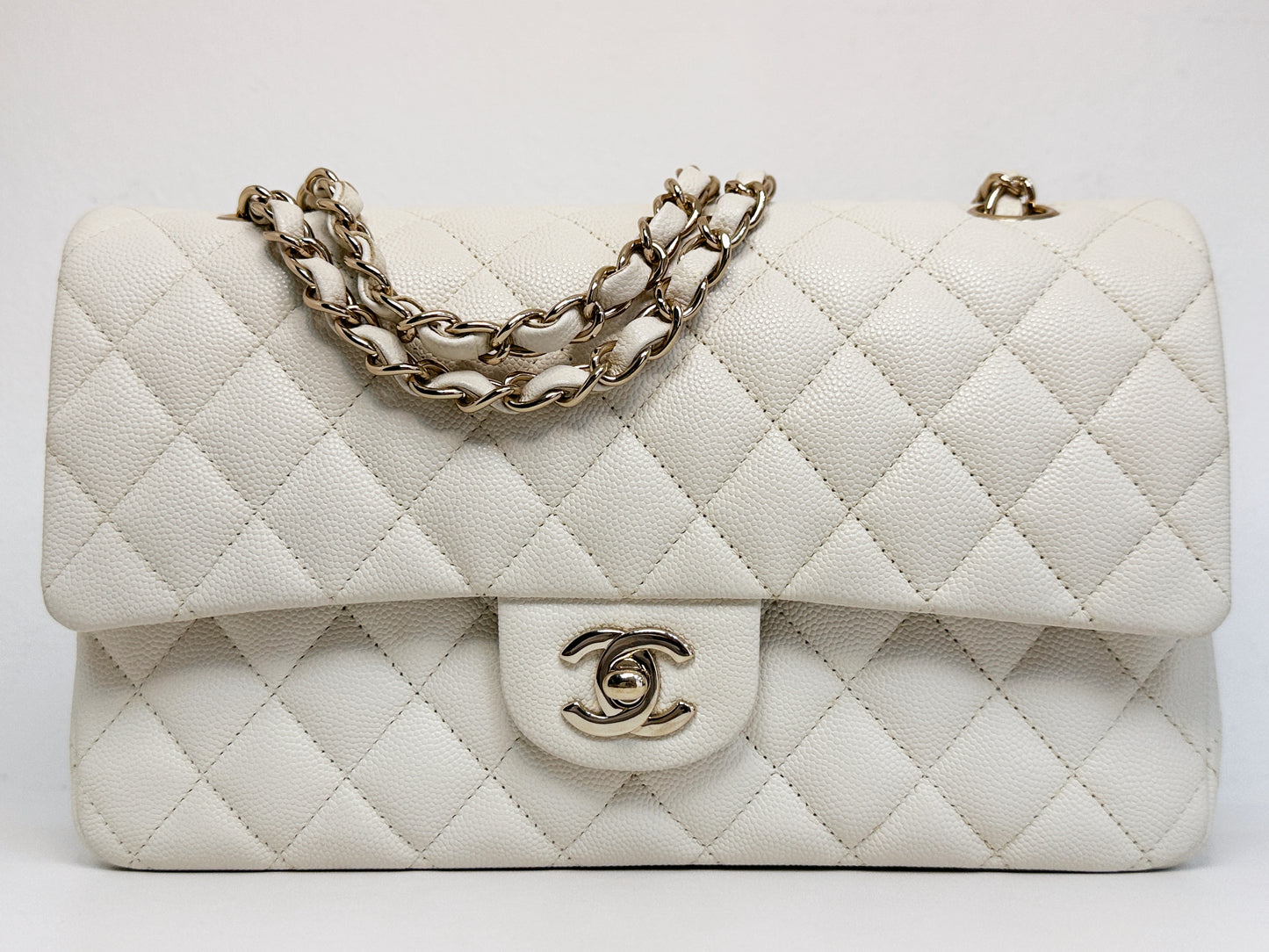 Chanel Medium Caviar Classic Quilted Double Flap White Light Beige Bag LGHW L45J microchip