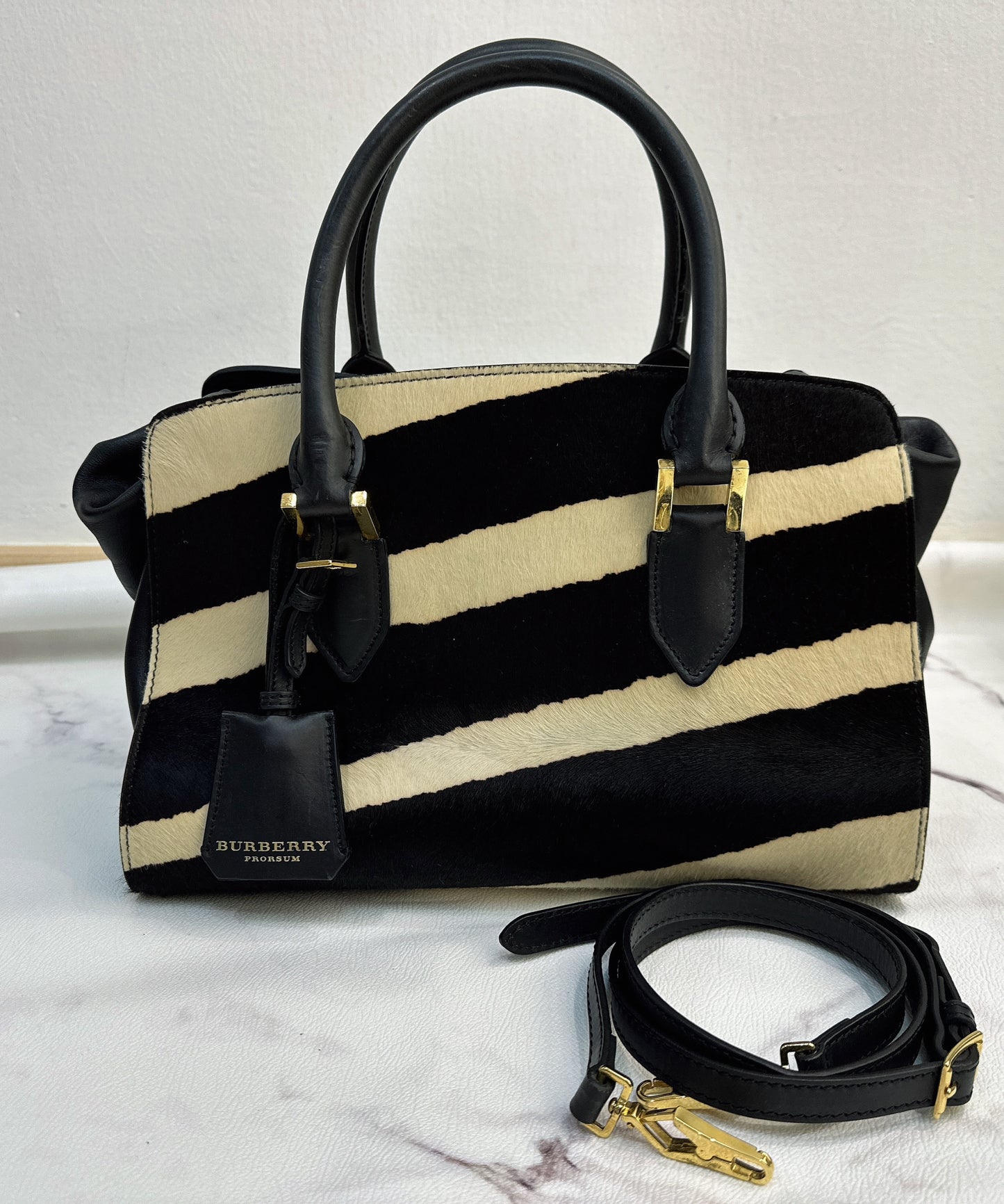 Burberry Black/White Zebra Print Calf Hair And Leather The Crush Drawstring Tote