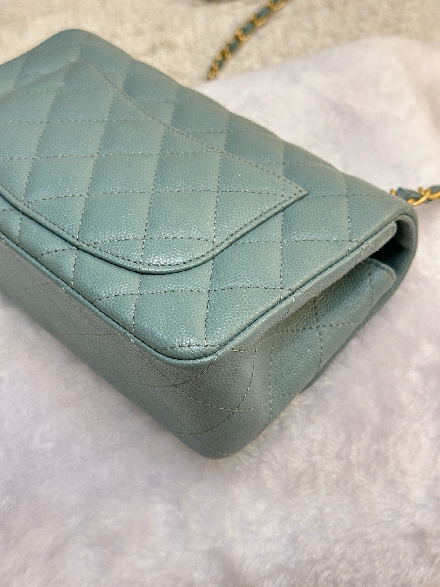 CHANEL Iridescent Caviar Quilted Mini Rectangular Flap Light Blue 18C