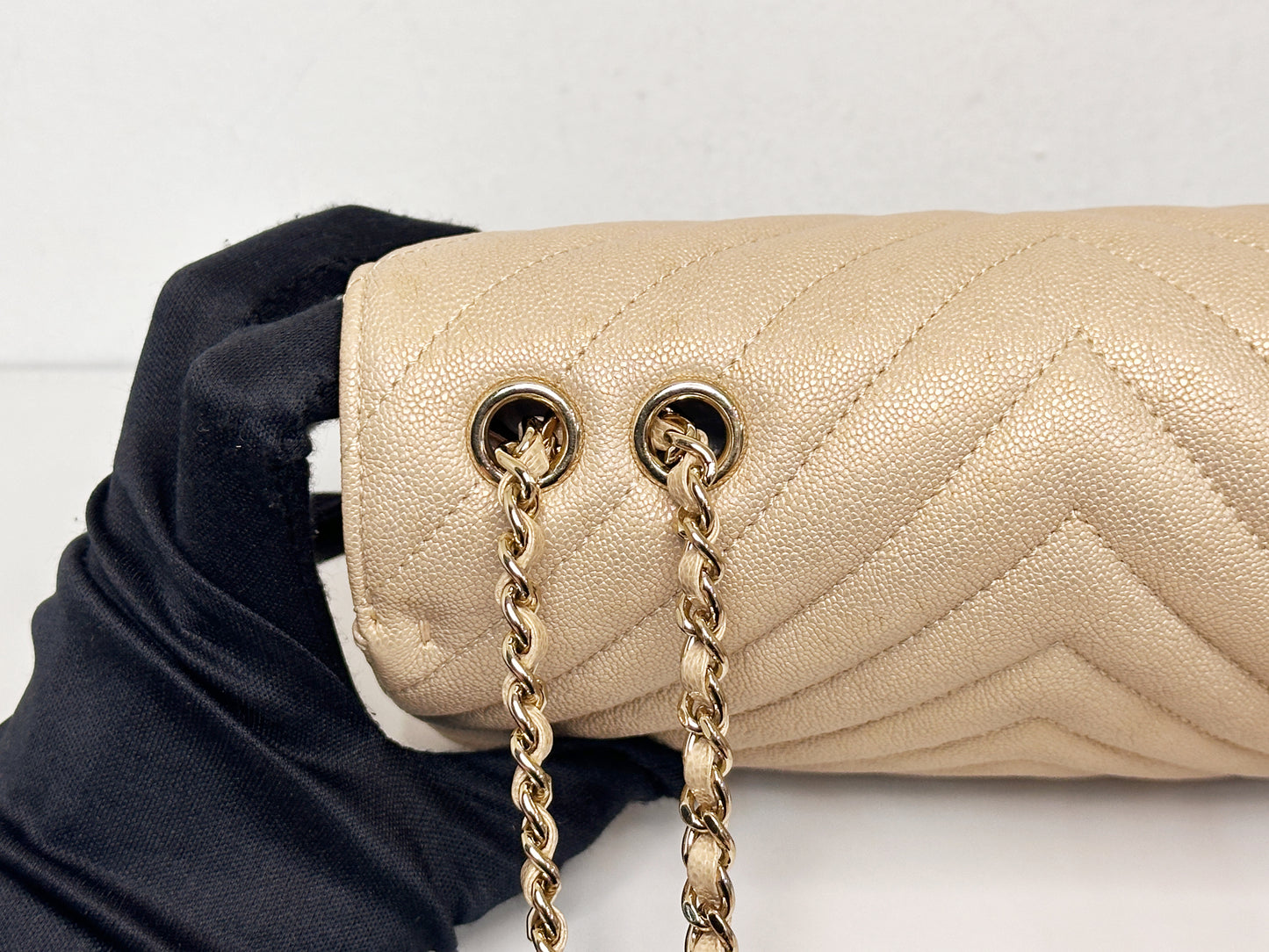 Chanel Mini Statement Metallic Caviar Chevron Quilted Flap Beige LGHW 2835 holo card
