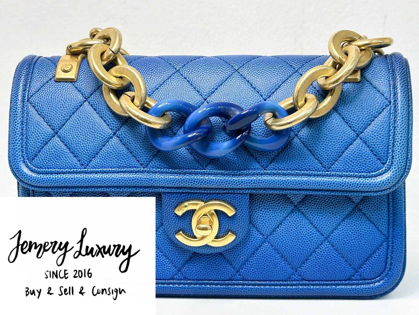 CHANEL Caviar Quilted Small Sunset On The Sea Flap Blue 2721 holo card