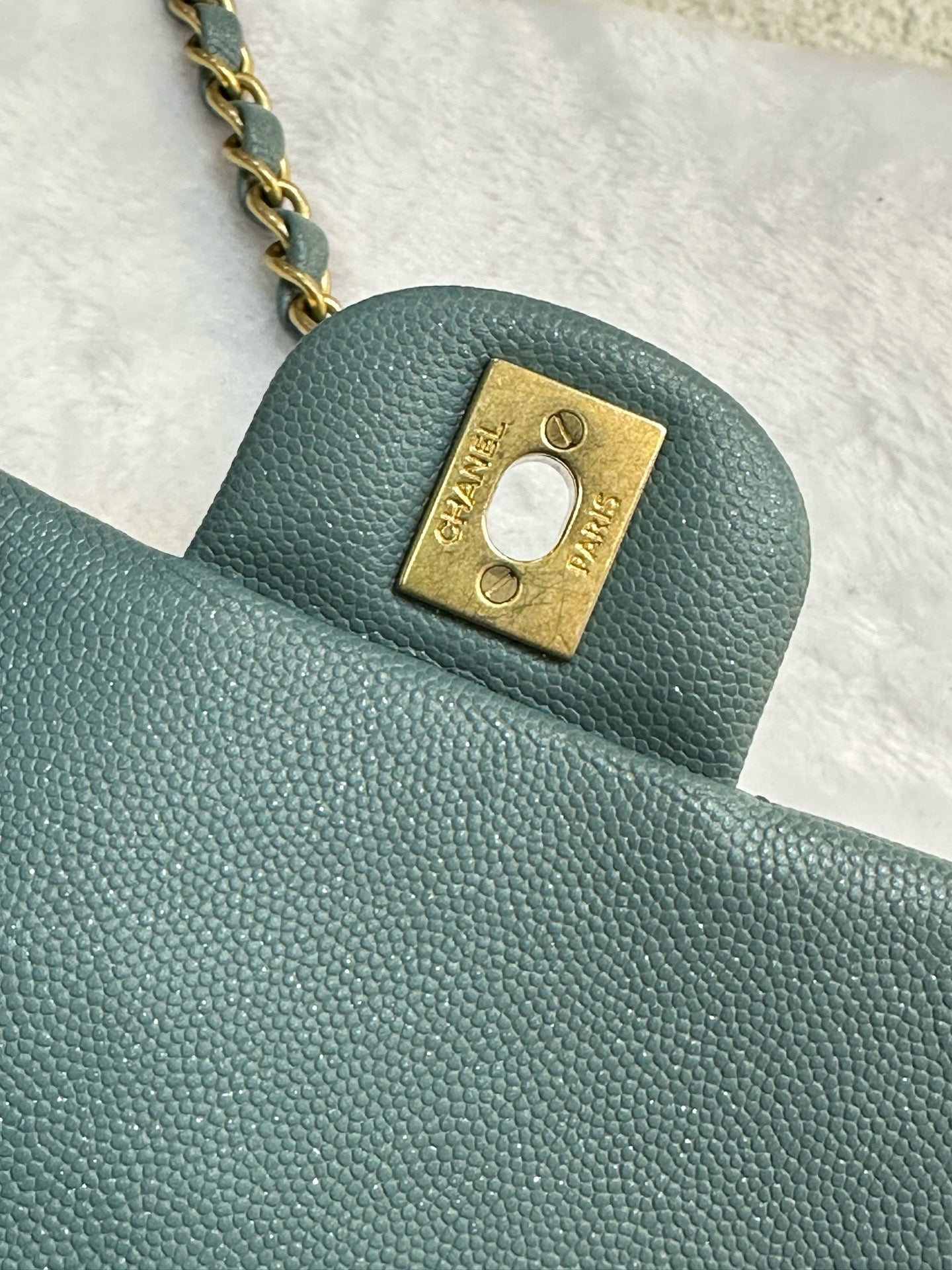 CHANEL Iridescent Caviar Quilted Mini Rectangular Flap Light Blue 18C