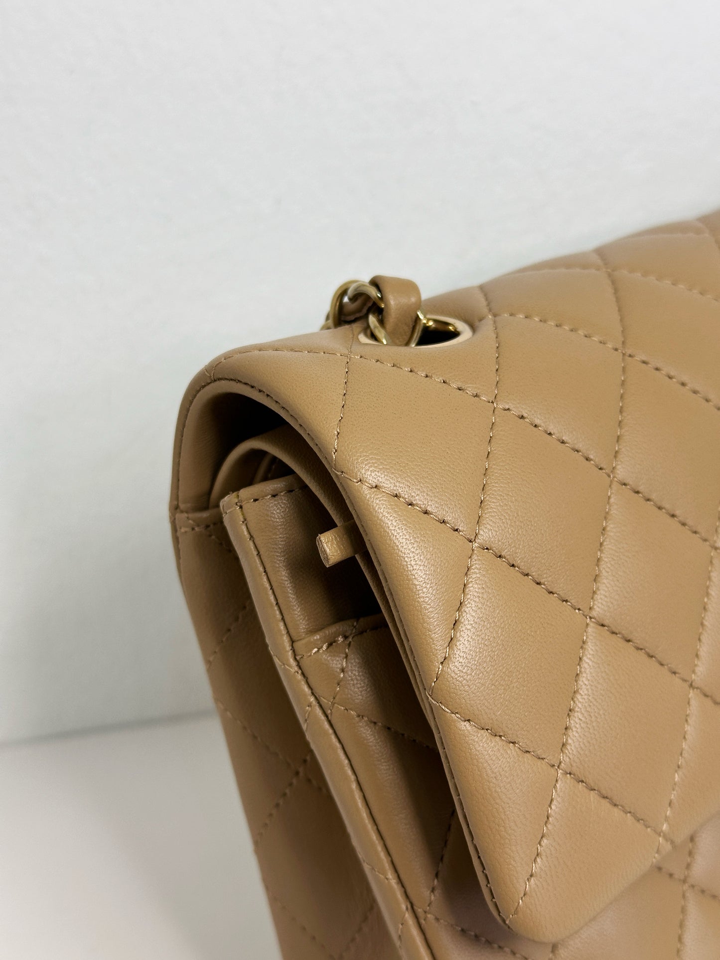Chanel 22B Lambskin Classic Quilted Double Flap Medium LGHW Dark beige HH9G microchip