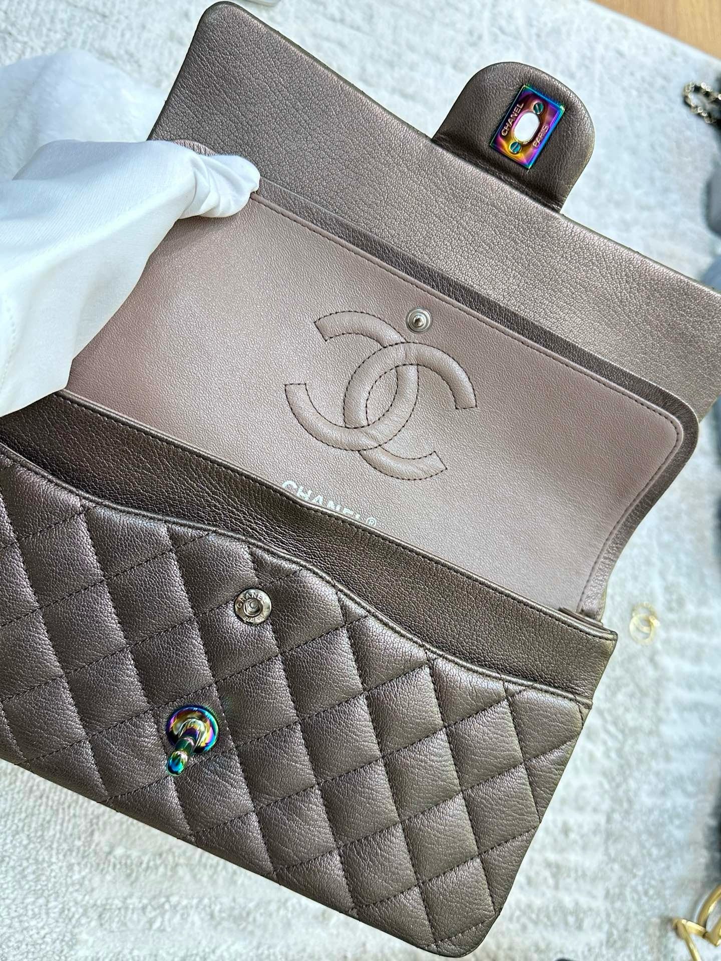 CHANEL Classic Bronze Double Flap Iridescent Hardware