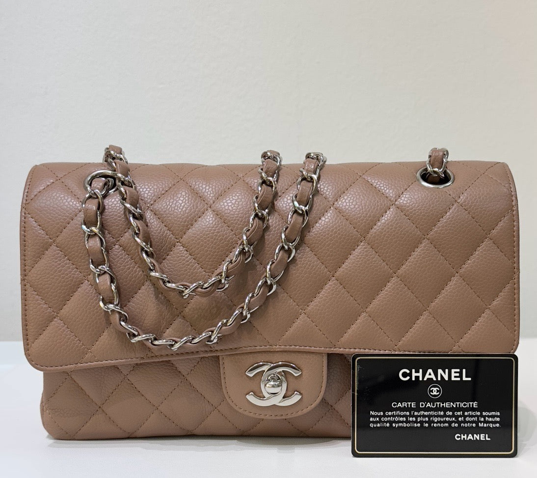 Chanel Medium Classic Caviar Double Flap Taupe SHW