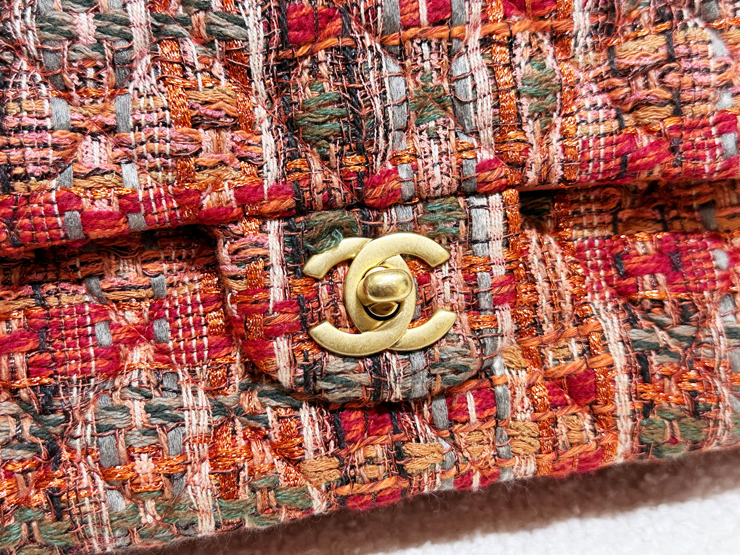 Chanel Tweed Quilted Medium Double Flap Bag Orange Multicolor K9J2 microchip