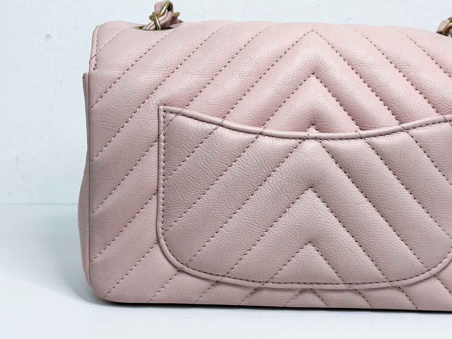 Chanel Classic Mini Rectangular 17C Light Pink Chevron Calfskin with brushed gold hardware 2383 holo card