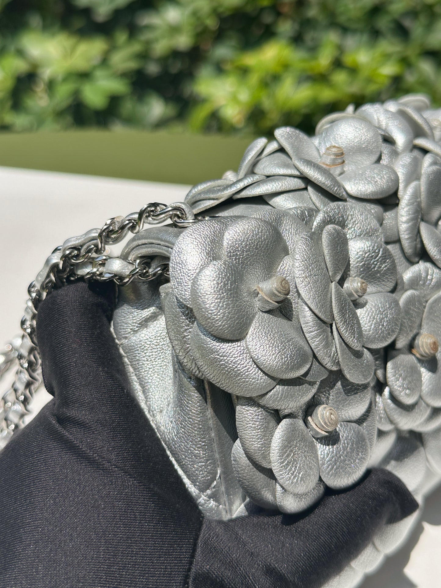 Chanel Mini Camellia Lambskin Shiny Silver SHW 2245 holo