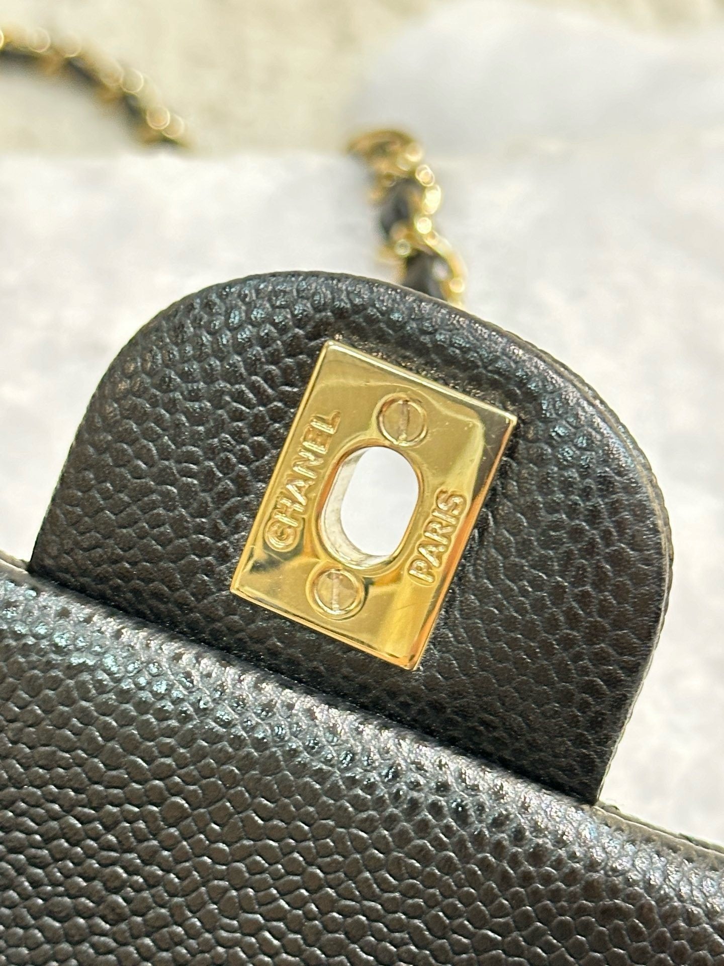 Chanel Mini Square Caviar Flap Bag Black GHW 25 holo card (Chain short than usual)