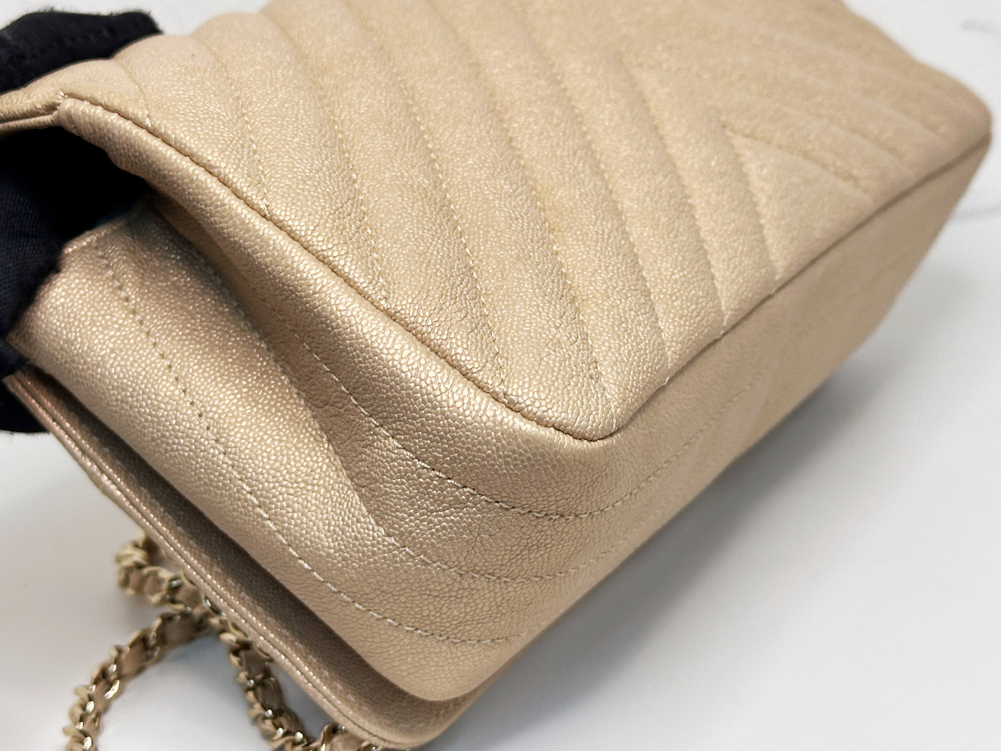 Chanel Mini Statement Metallic Caviar Chevron Quilted Flap Beige LGHW 2835 holo card