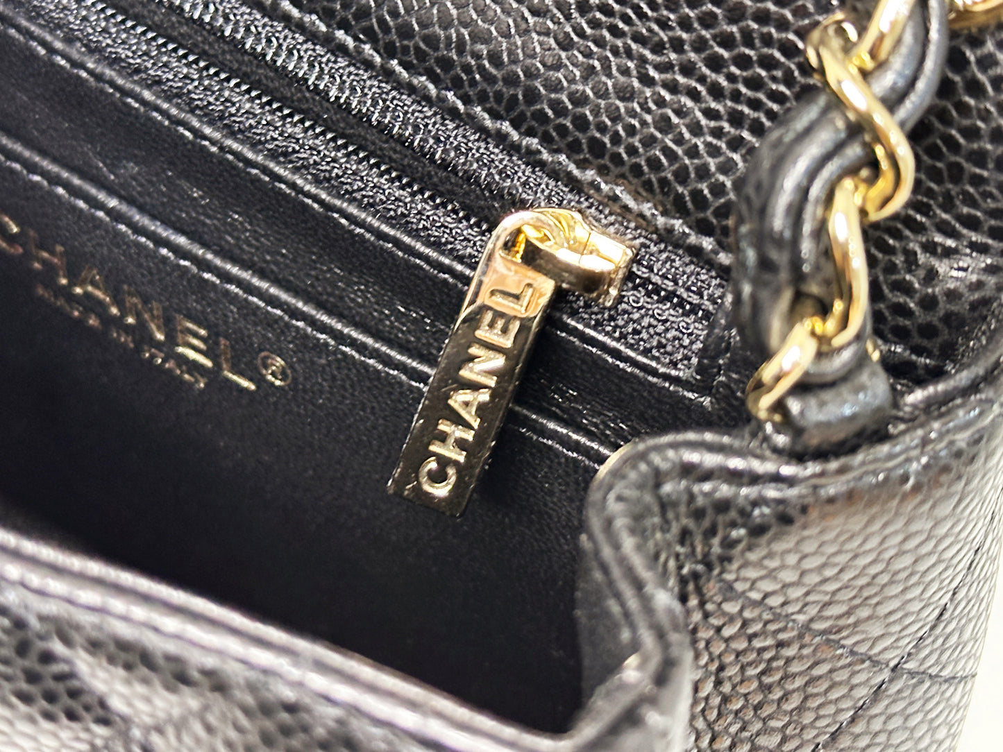 Chanel Mini Square Classic Quilted Caviar Single Flap Bag Black LGHW 2564 holo card