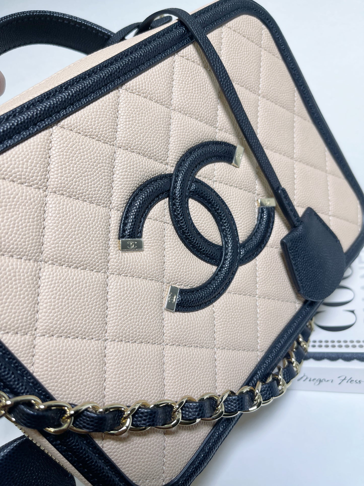 Chanel Quilted Medium CC Filigree Vanity Case Beige Caviar Gold Hardware
