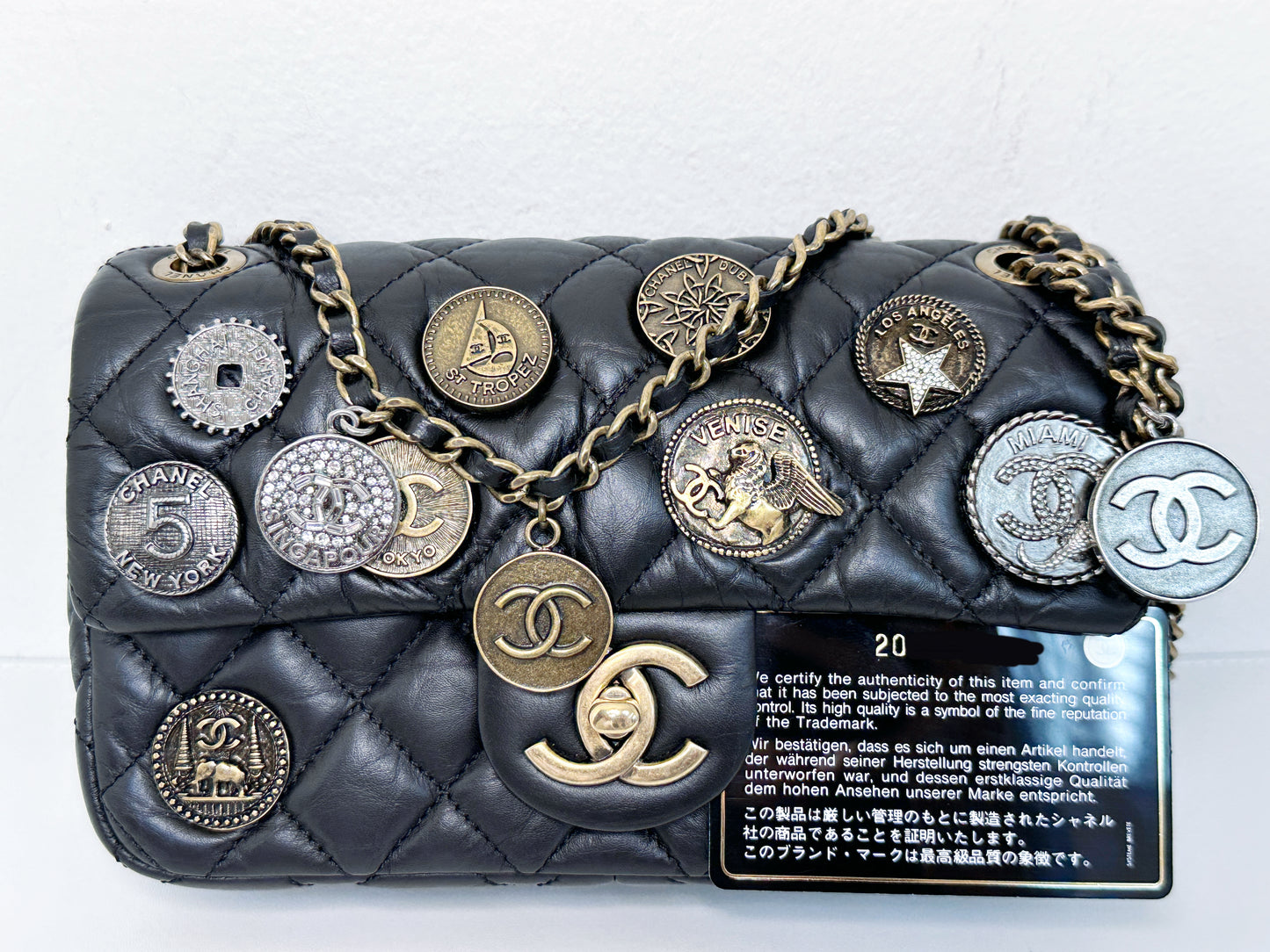 Chanel Mini Limited Edition Aged Calfskin Quilted Medallion Flap Black GHW 2063 holo card