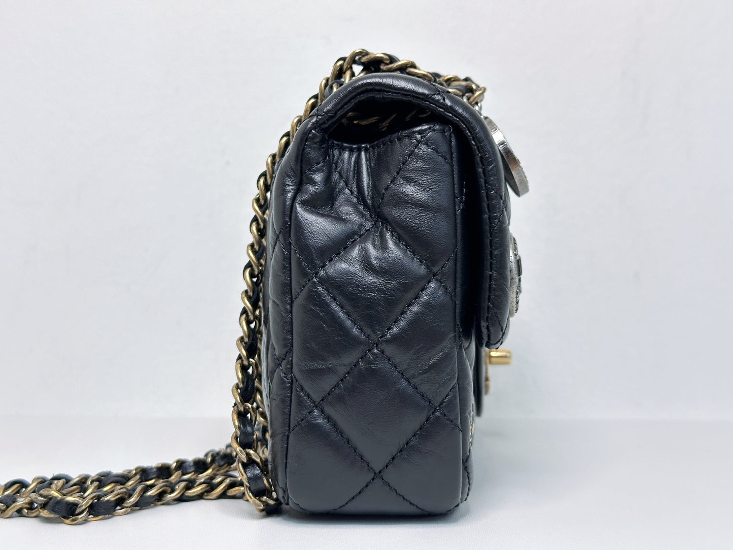 Chanel Mini Limited Edition Aged Calfskin Quilted Medallion Flap Black GHW 2063 holo card