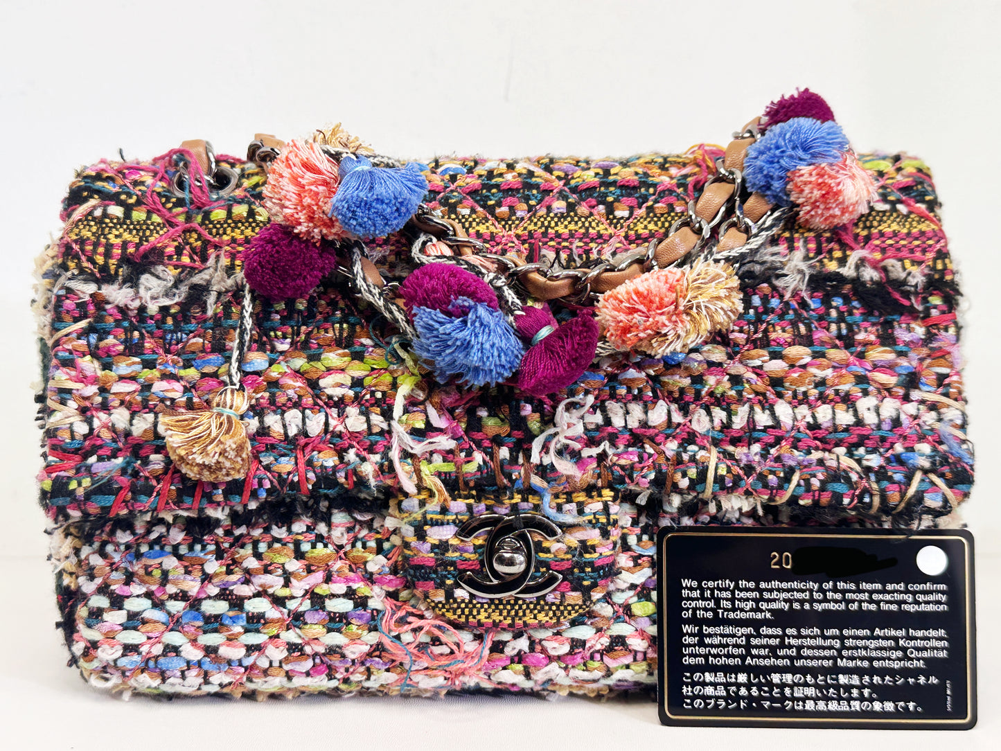 Chanel Pom Pom CC Quilted Tweed Medium Flap Bag