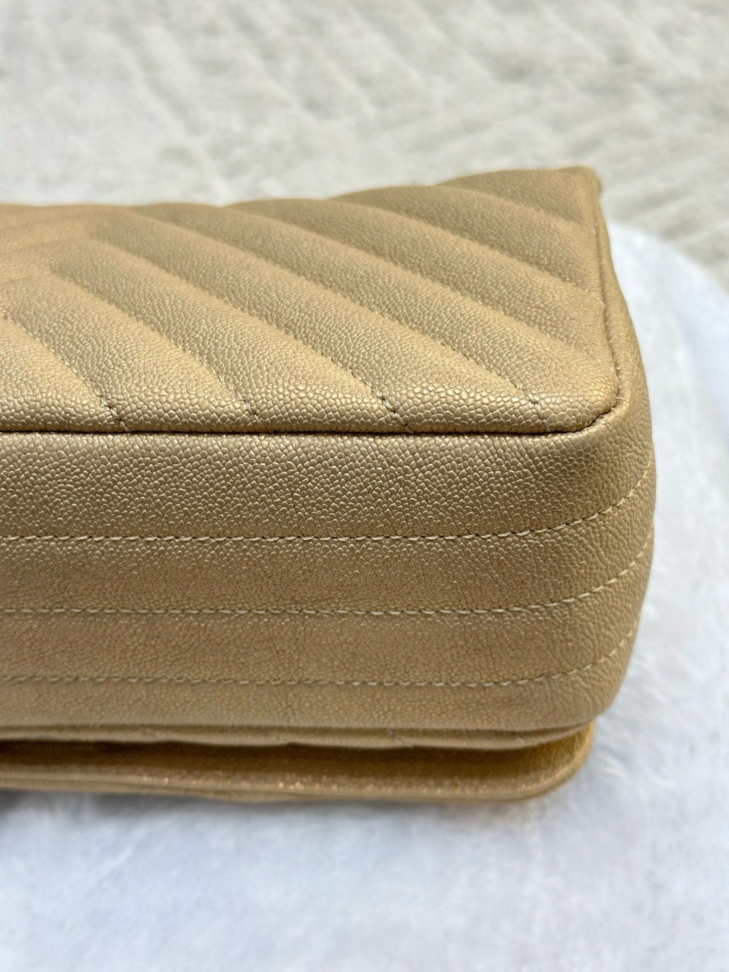 Chanel Mini Statement Metallic Caviar Chevron Quilted Flap Beige LGHW