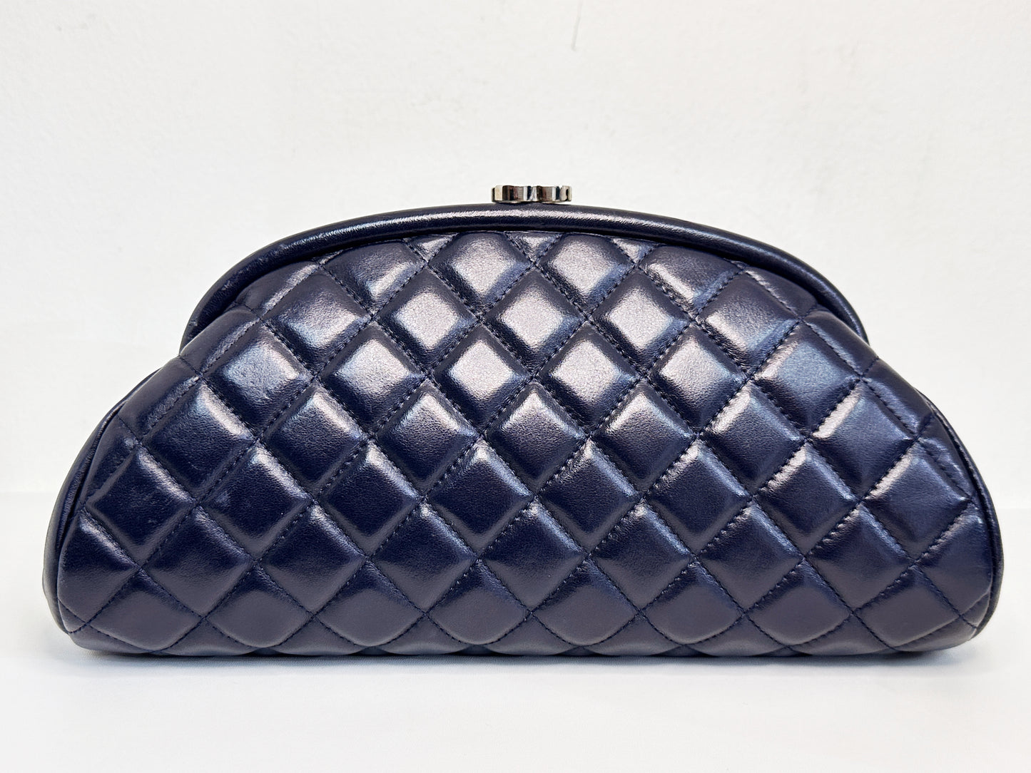 Chanel Quilted Timeless Kisslock Clutch Navy Blue Lambskin SHW 1890 holo card