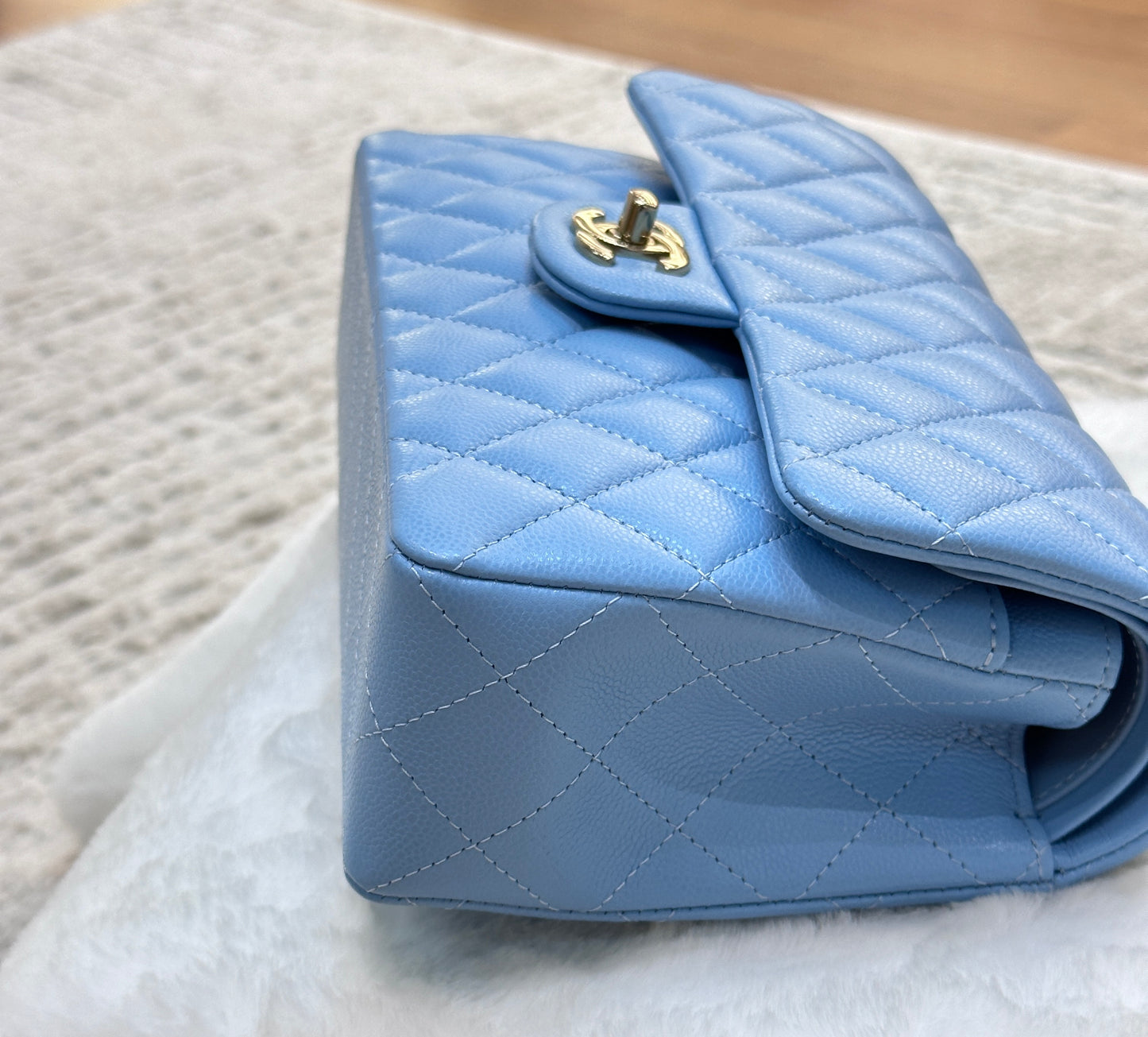 Chanel Small Classic Flap Ligth Blue Caviar Light Gold Hardware