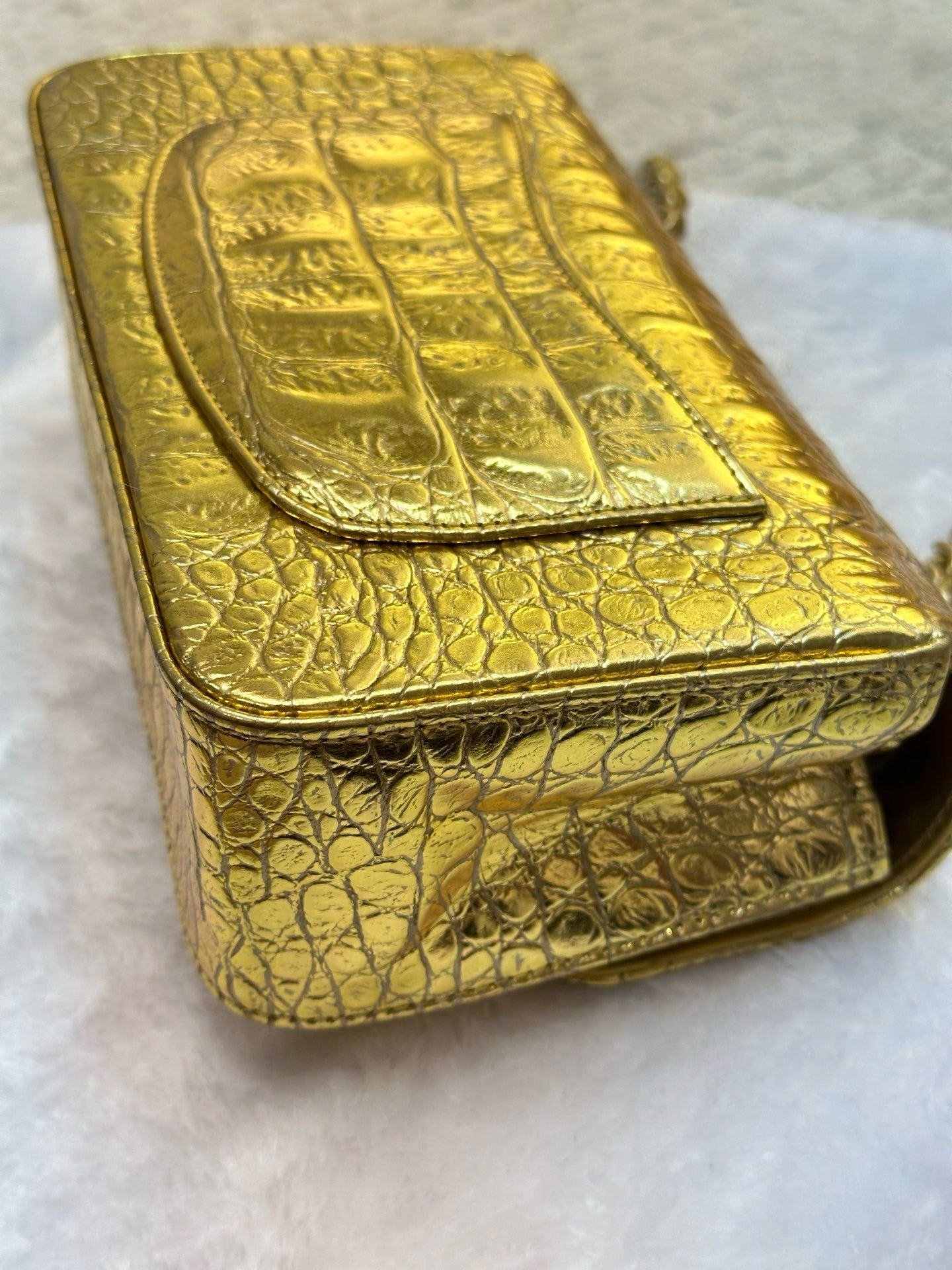 Chanel Mini Calfskin Crocodile Embossed Rectangular Gold Metallic Flap Bag