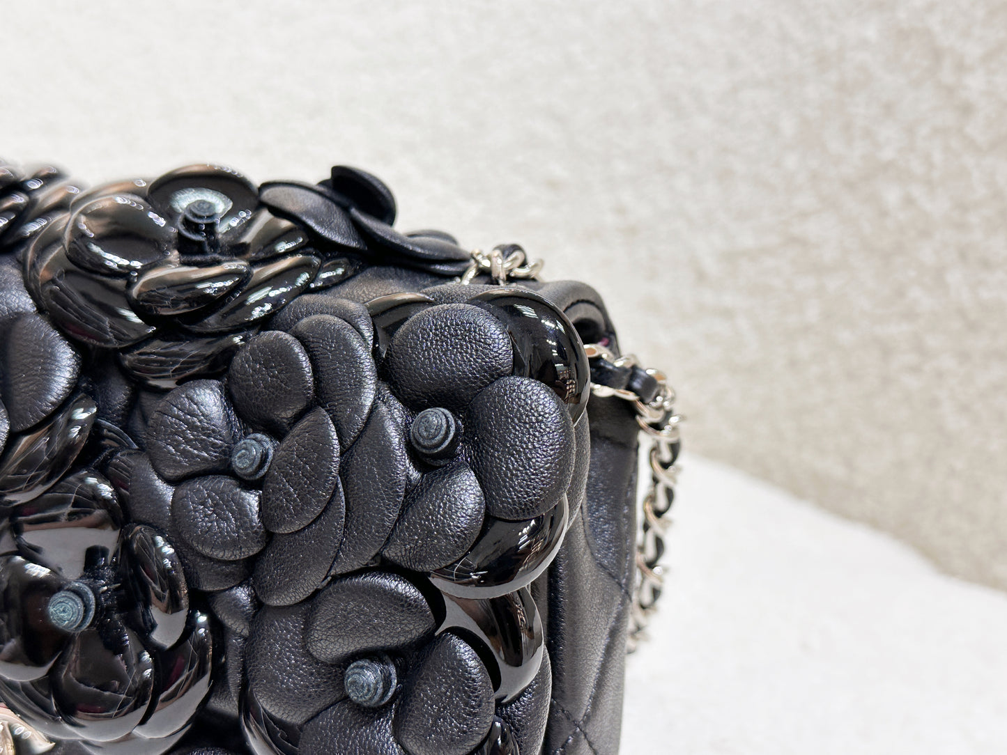 Chanel Camellia Lambskin Patent Around Flap Crossbody Bag Black 2246 holo card