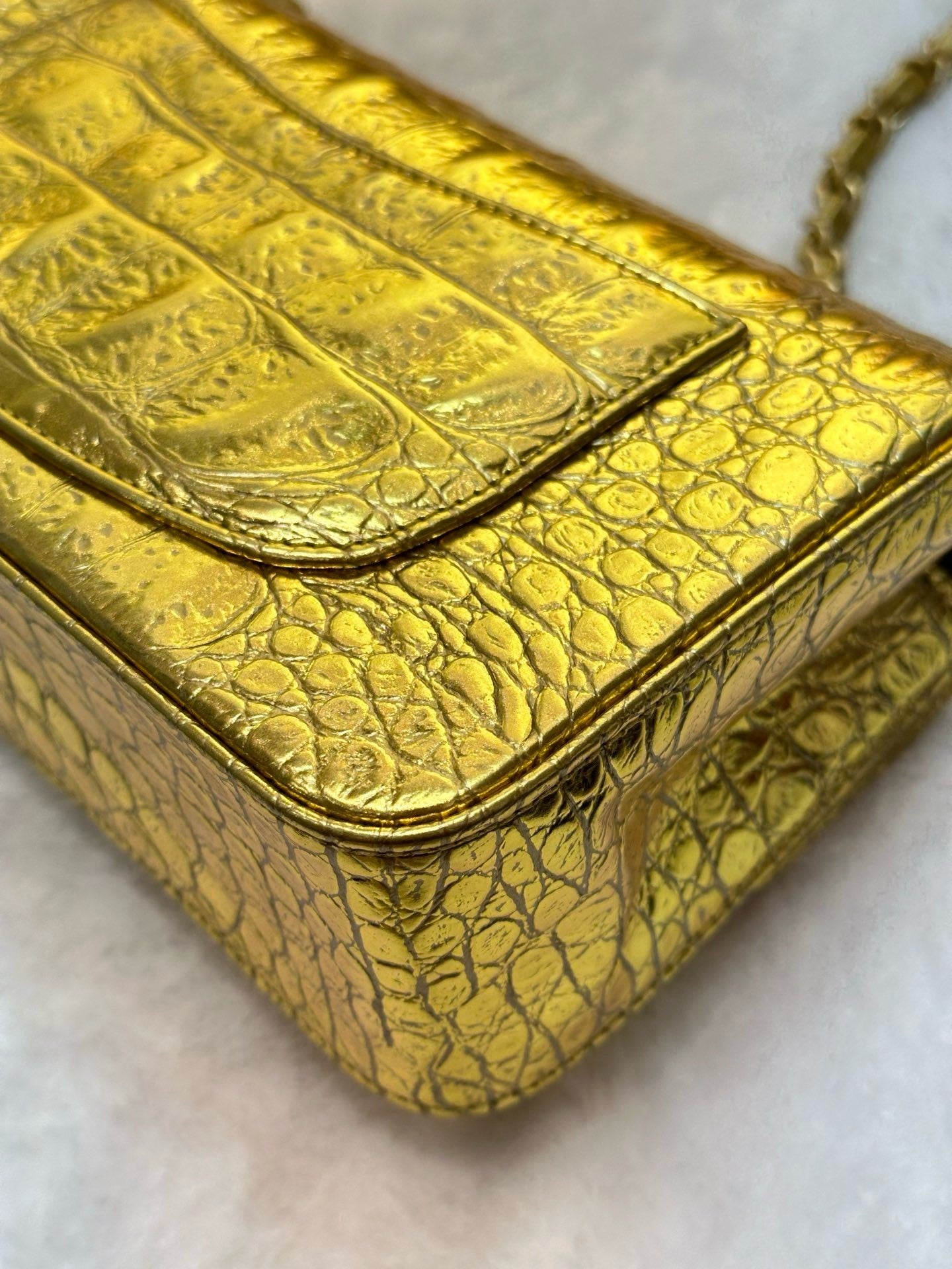 Chanel Mini Calfskin Crocodile Embossed Rectangular Gold Metallic Flap Bag