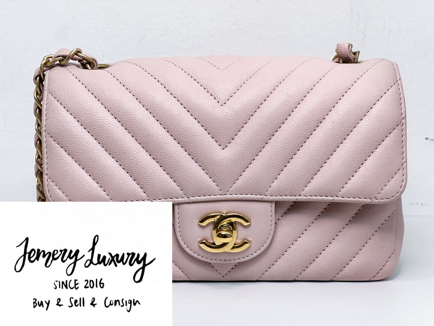 Chanel Classic Mini Rectangular 17C Light Pink Chevron Calfskin with brushed gold hardware 2383 holo card
