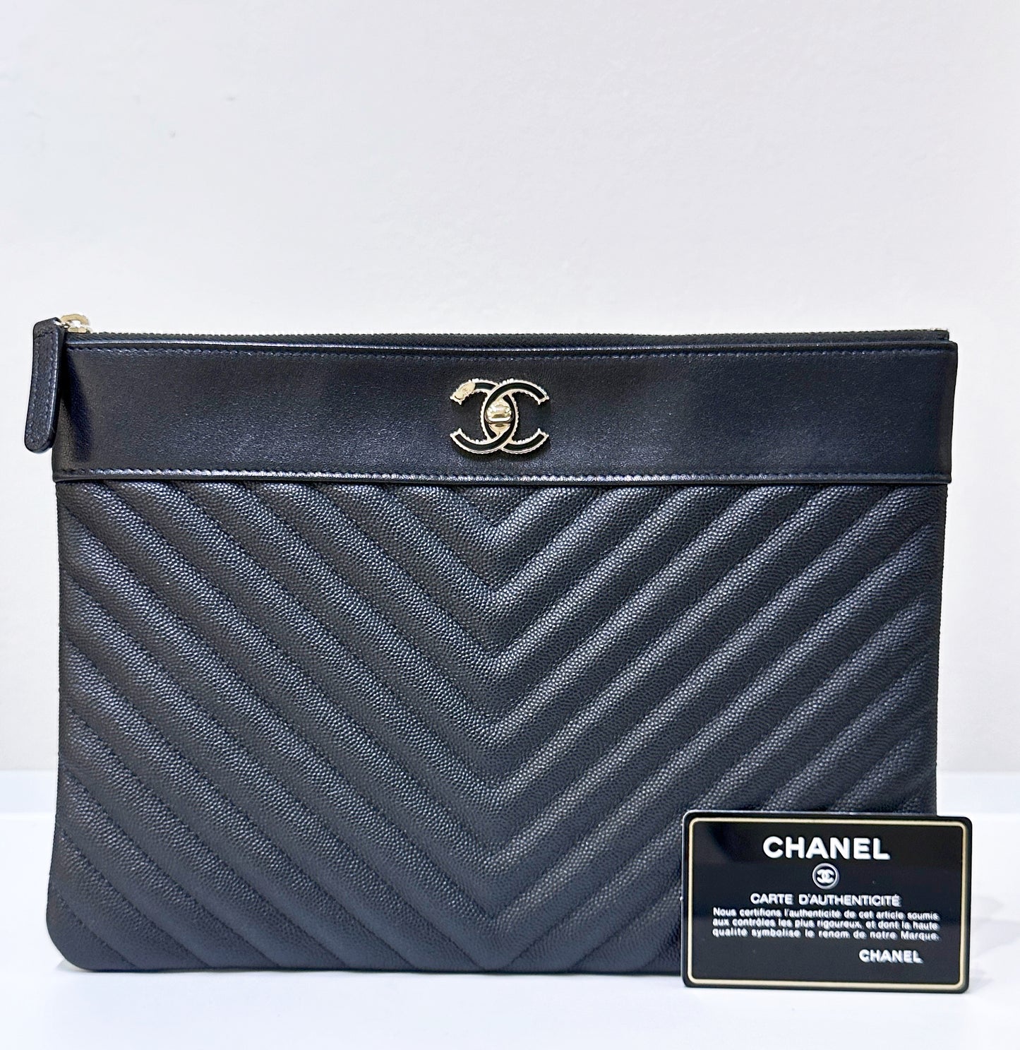 Chanel Leather Clutch Black Gold Accessories