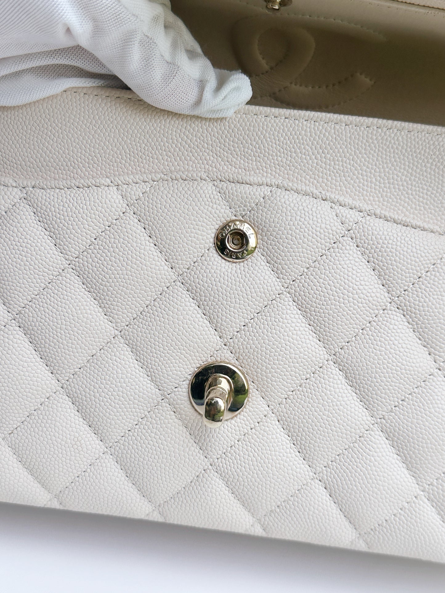 Chanel Medium Caviar Classic Quilted Double Flap Ivory Light Beige Bag LGHW