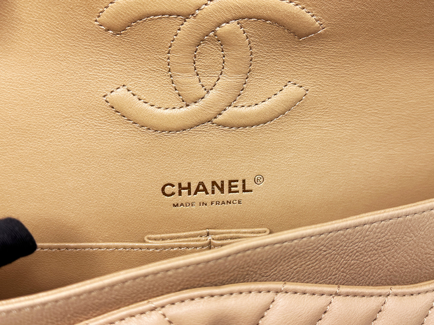 Chanel Calfskin Chevron Quilted Medium Double Flap Beige 2383 holo card