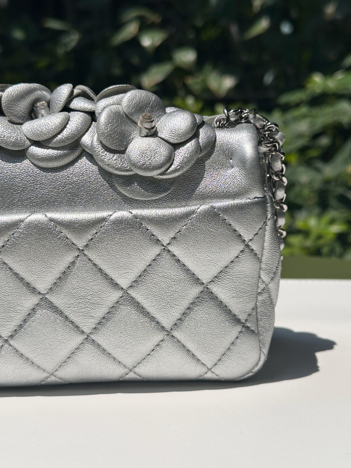 Chanel Mini Camellia Lambskin Shiny Silver SHW 2245 holo
