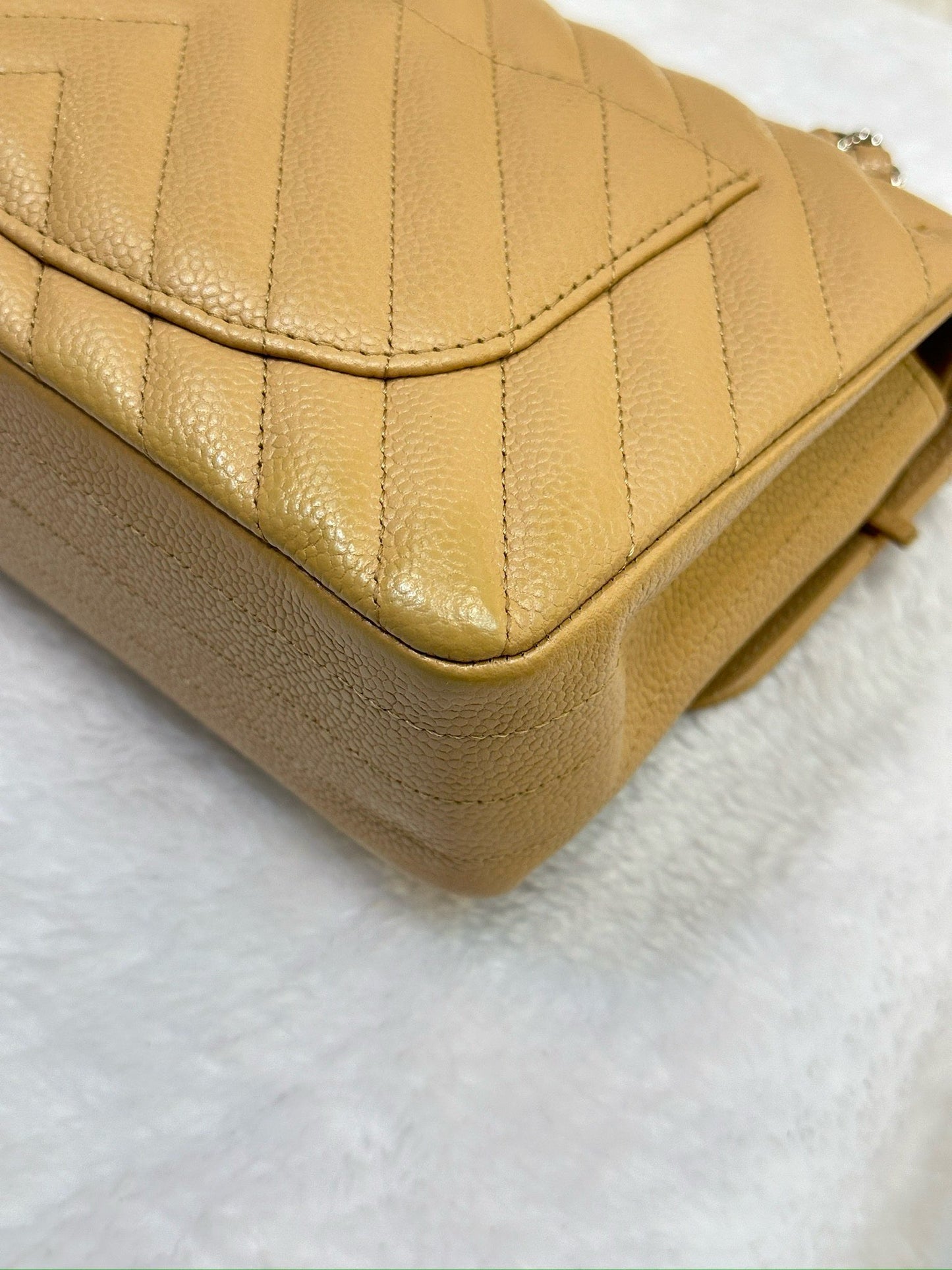 Chanel Small Classic Chevron Calfskin Double Flap Dark Beige SHW 19S 27 Holo card
