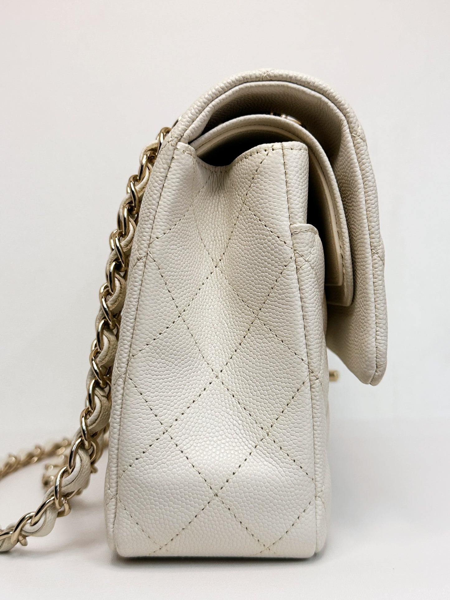 Chanel Medium Caviar Classic Quilted Double Flap White Light Beige Bag LGHW L45J microchip