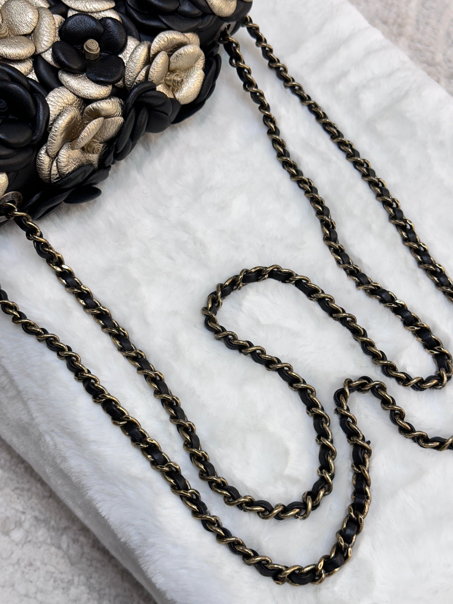 Chanel Mini Metallic Lambskin Quilted Camellia Flap Bag Black Gold