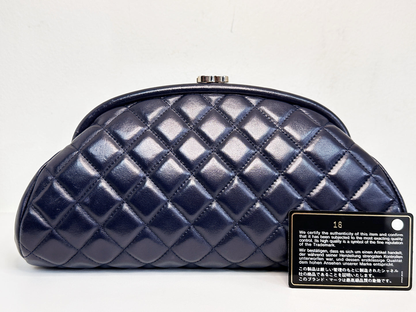Chanel Quilted Timeless Kisslock Clutch Navy Blue Lambskin SHW 1890 holo card