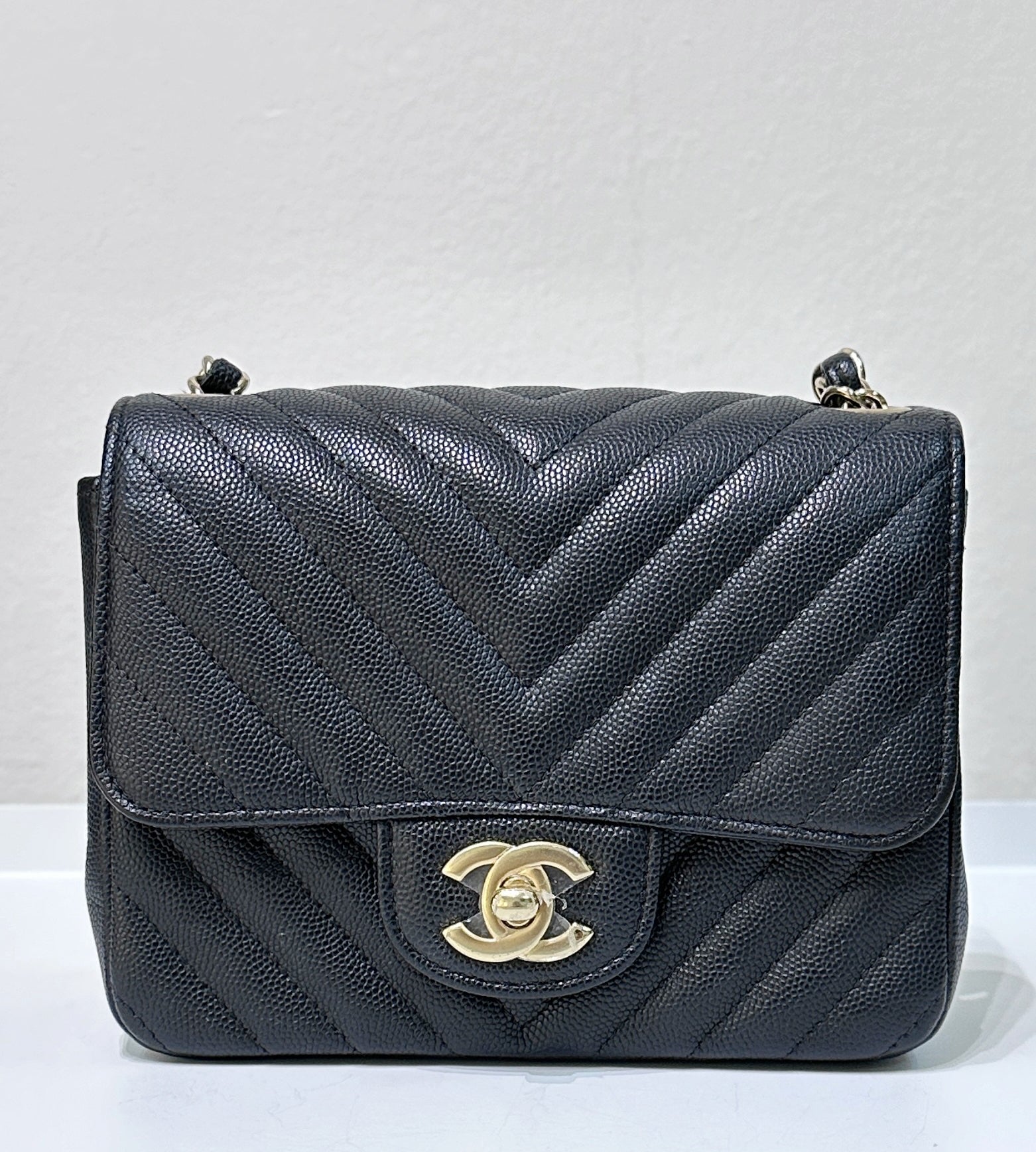 Chanel Mini Square Black Chevron Caviar LGHW Jemeryluxury