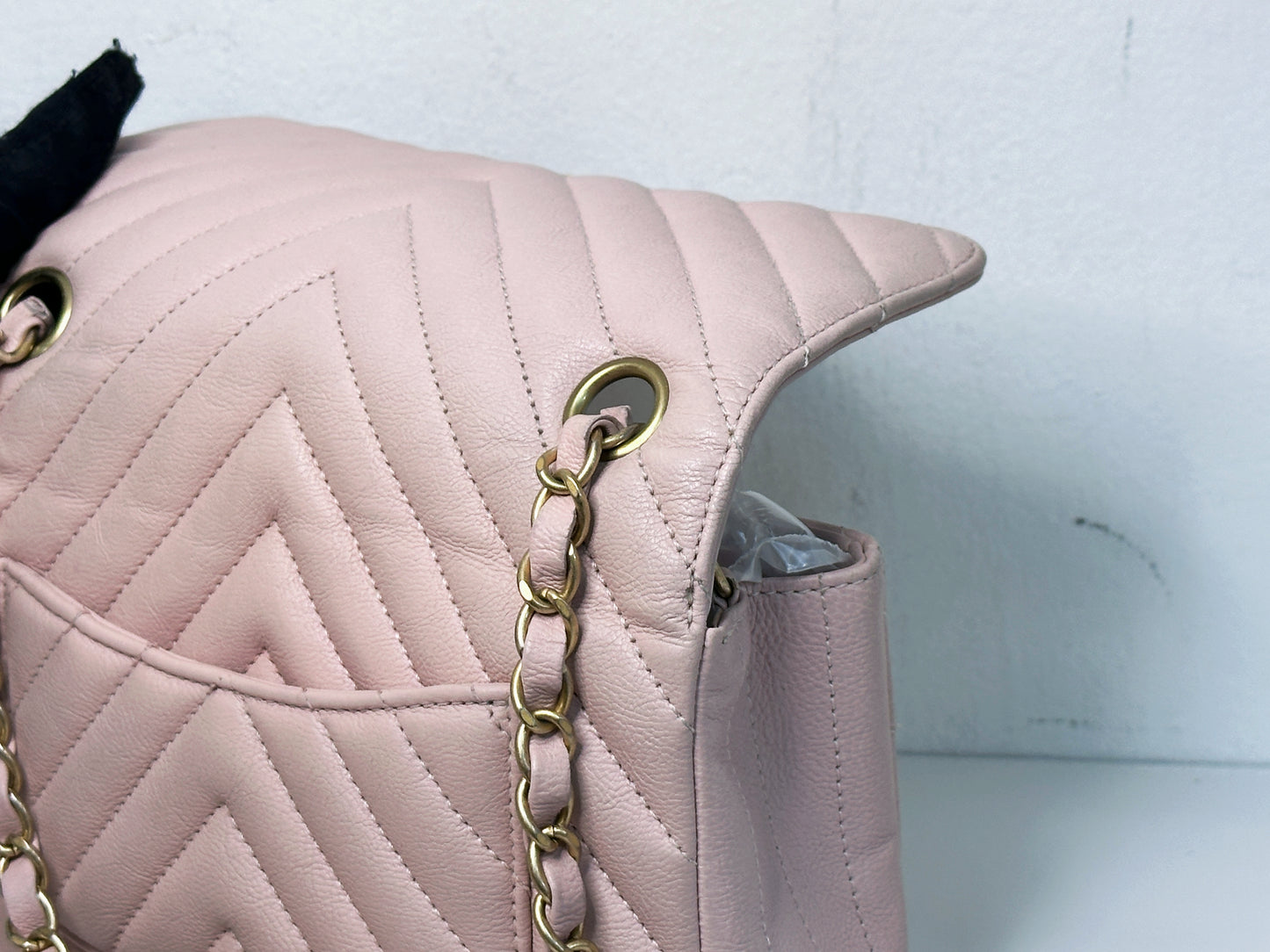 Chanel Classic Mini Rectangular 17C Light Pink Chevron Calfskin with brushed gold hardware 2383 holo card