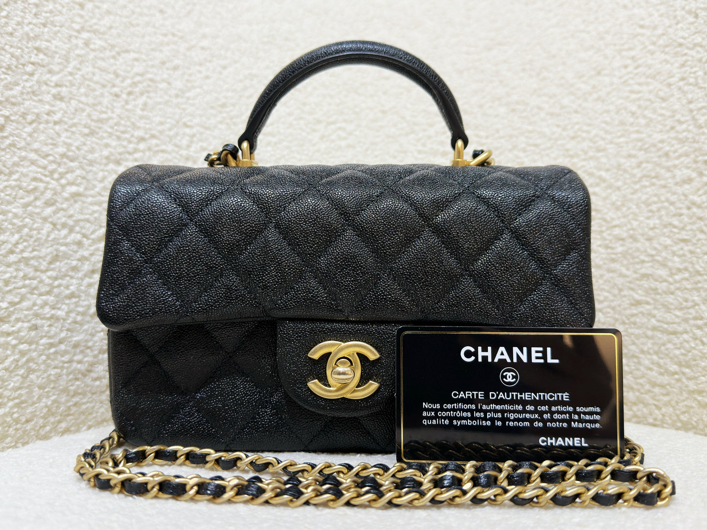 Chanel Mini Rectangular Top Handle Flap Bag Black Caviar GHW 3126 holo card