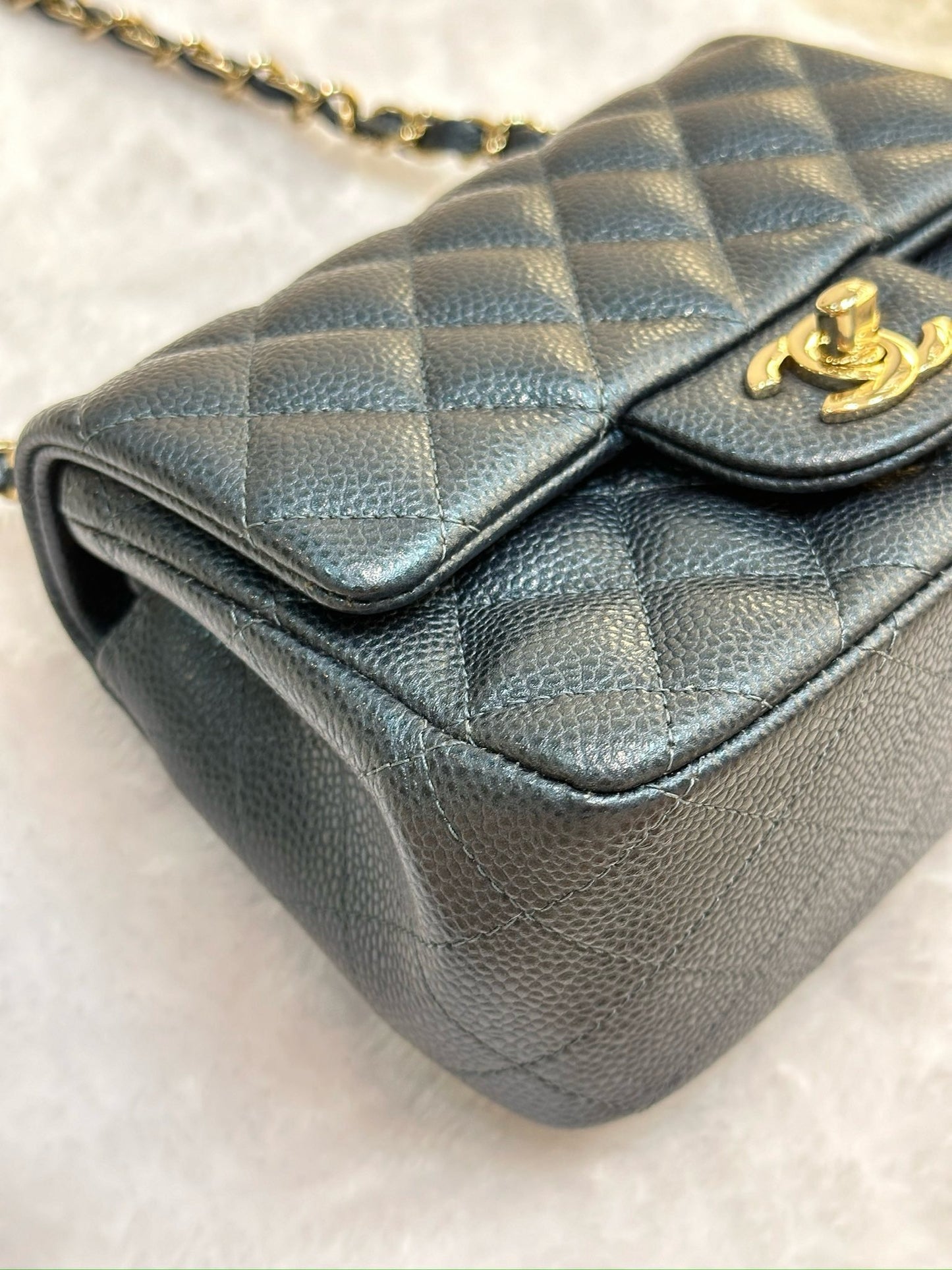 Chanel Mini Square Quilted Caviar Flap Bag Blue GHW 2581 Holo card