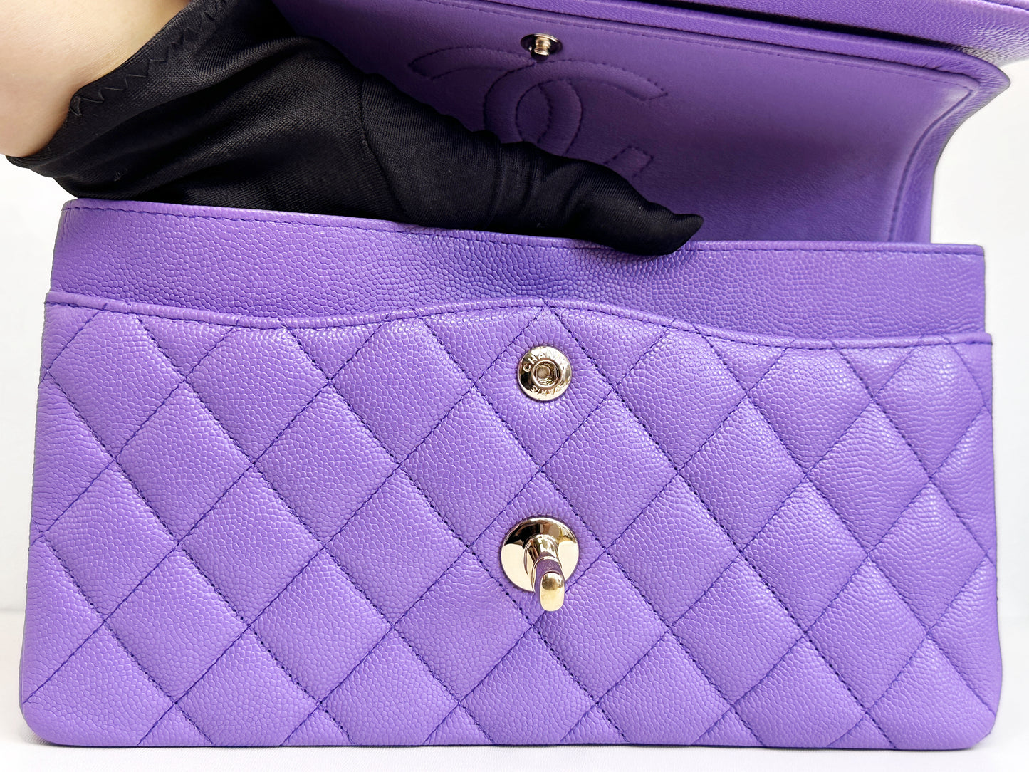 Chanel 20S Small Caviar Classic Quilted Double Flap Bag Purple LGHW 2976 holo card