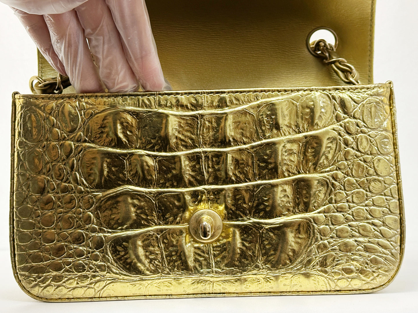 Chanel Mini Calfskin Crocodile Embossed Rectangular Gold Metallic Flap Bag 2813 holo card
