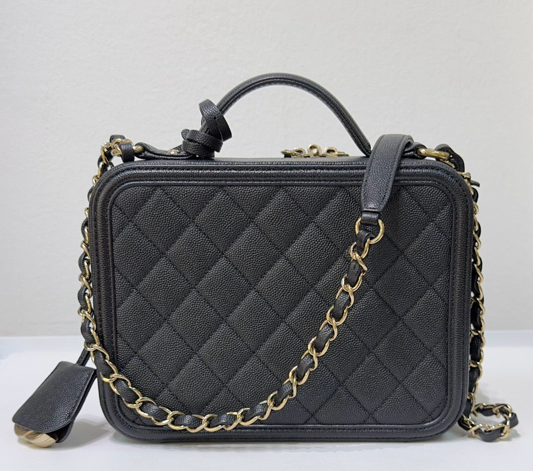Chanel Medium Filigree Vanity Case Quilted Caviar Black GHW 2899 holo card