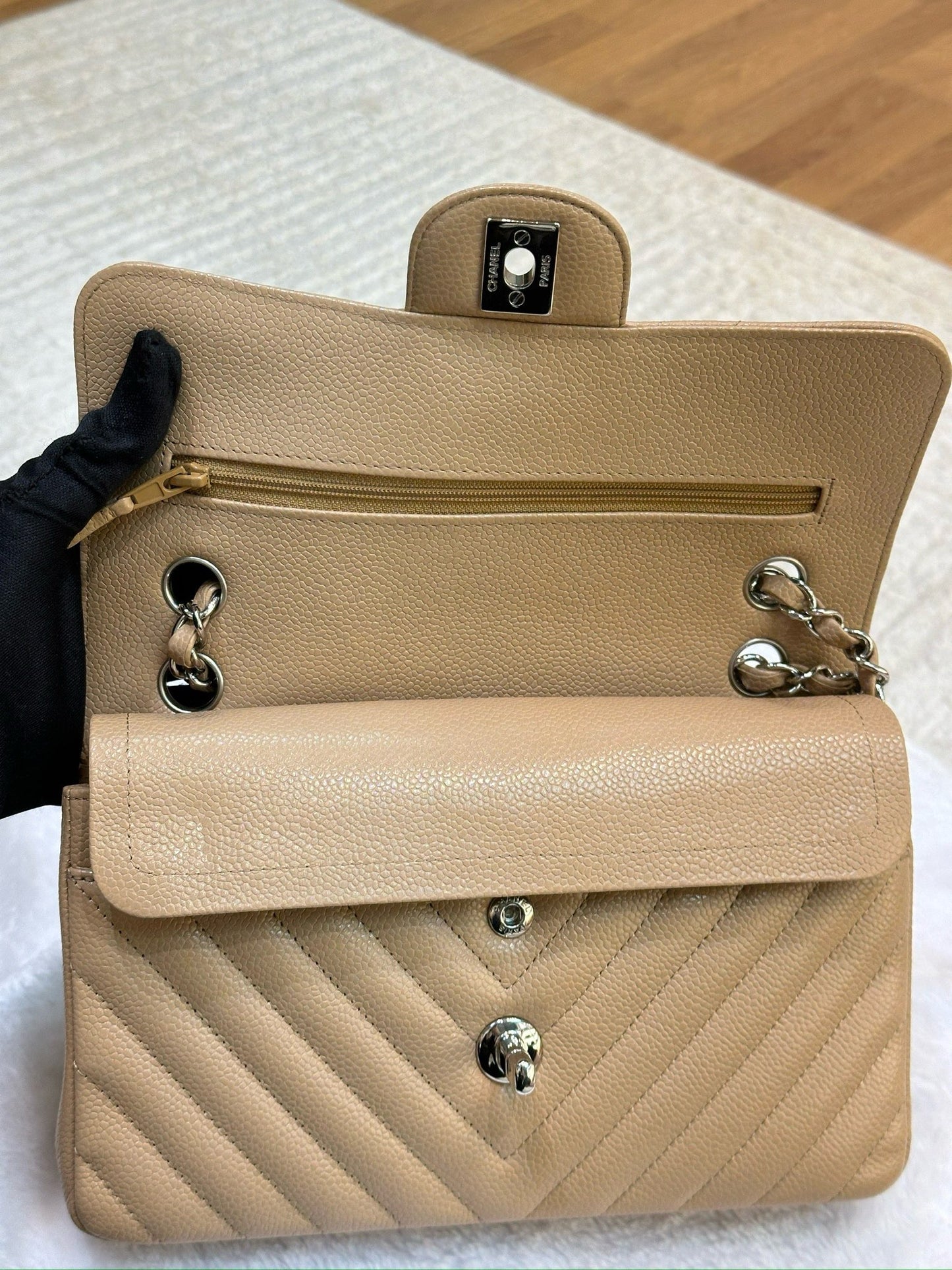 Chanel Small Classic Chevron Calfskin Double Flap Dark Beige SHW 19S 27 Holo card
